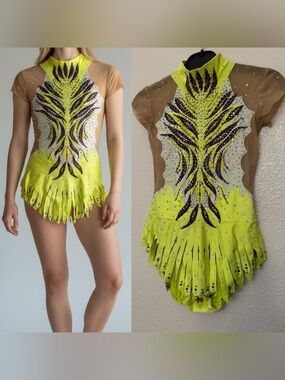Custom Hand Painted Rhythmic Gymnastic Costume Neon Lime Purple Rhinestone CM CL